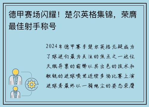 德甲赛场闪耀！楚尔英格集锦，荣膺最佳射手称号