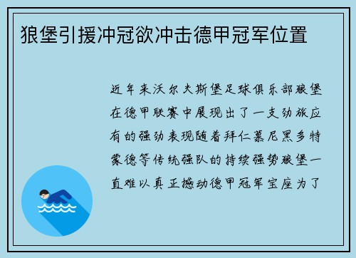 狼堡引援冲冠欲冲击德甲冠军位置